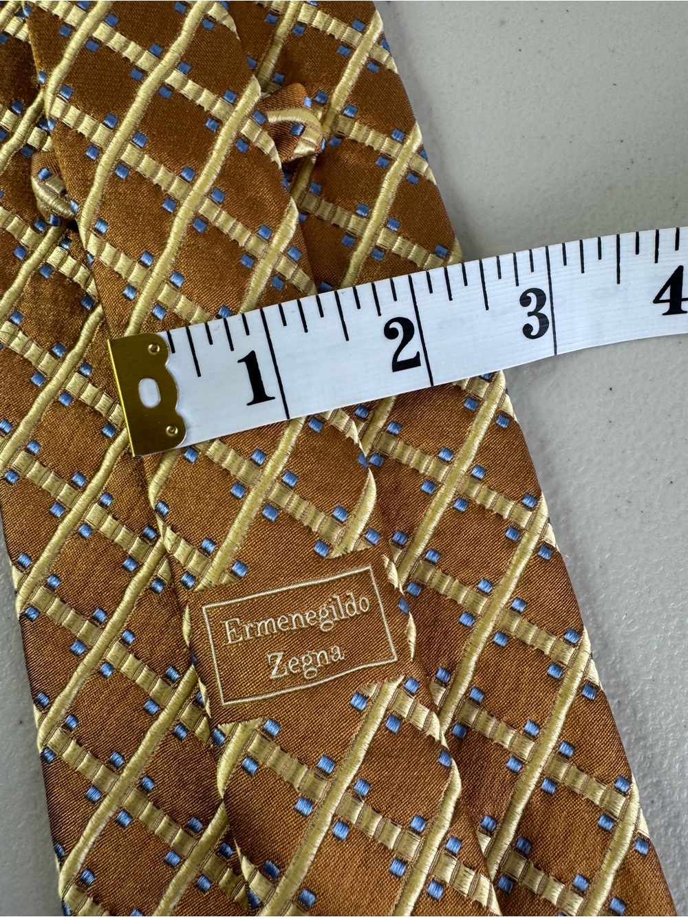 Ermenegildo Zegna Silk Necktie Gold Geometric Grid Luxury Designer Tie Classic - Picture 8 of 12